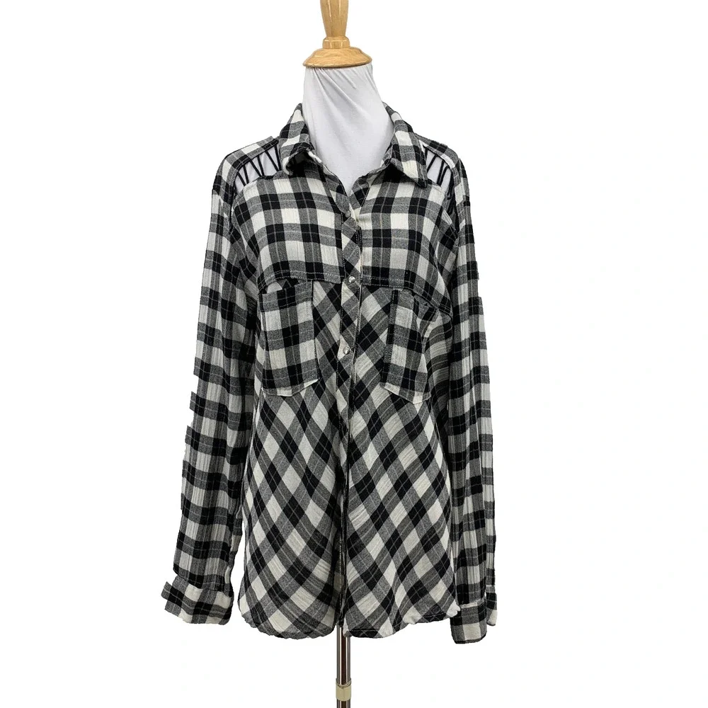 Free People Shirt Womens M Medium Black White Plaid Lace Up Shoulder Snap Button